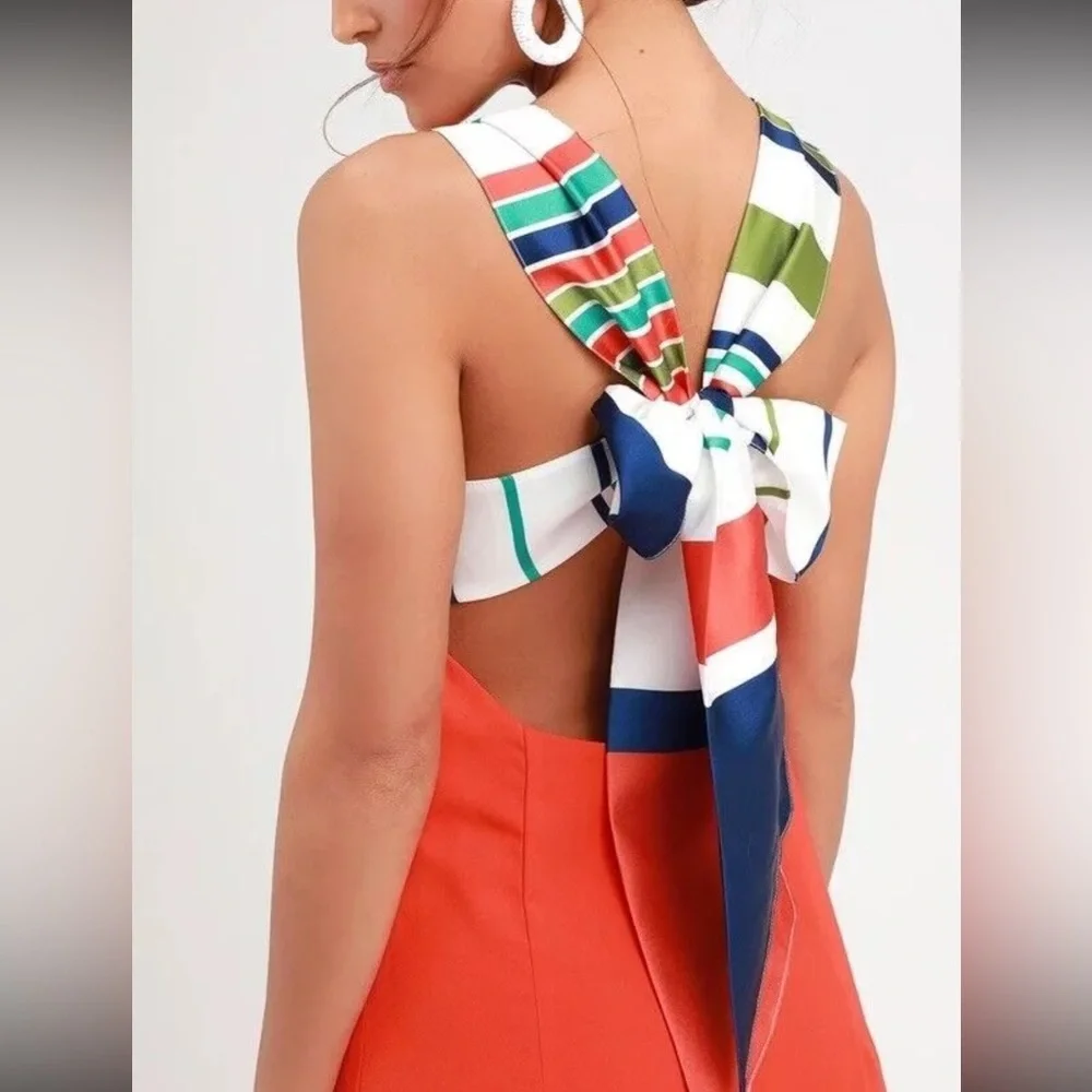 Lulus Joyful Orange Red Multi-Stripe Tie-Back Mini Dress Women’s Size Medium - Picture 2 of 9